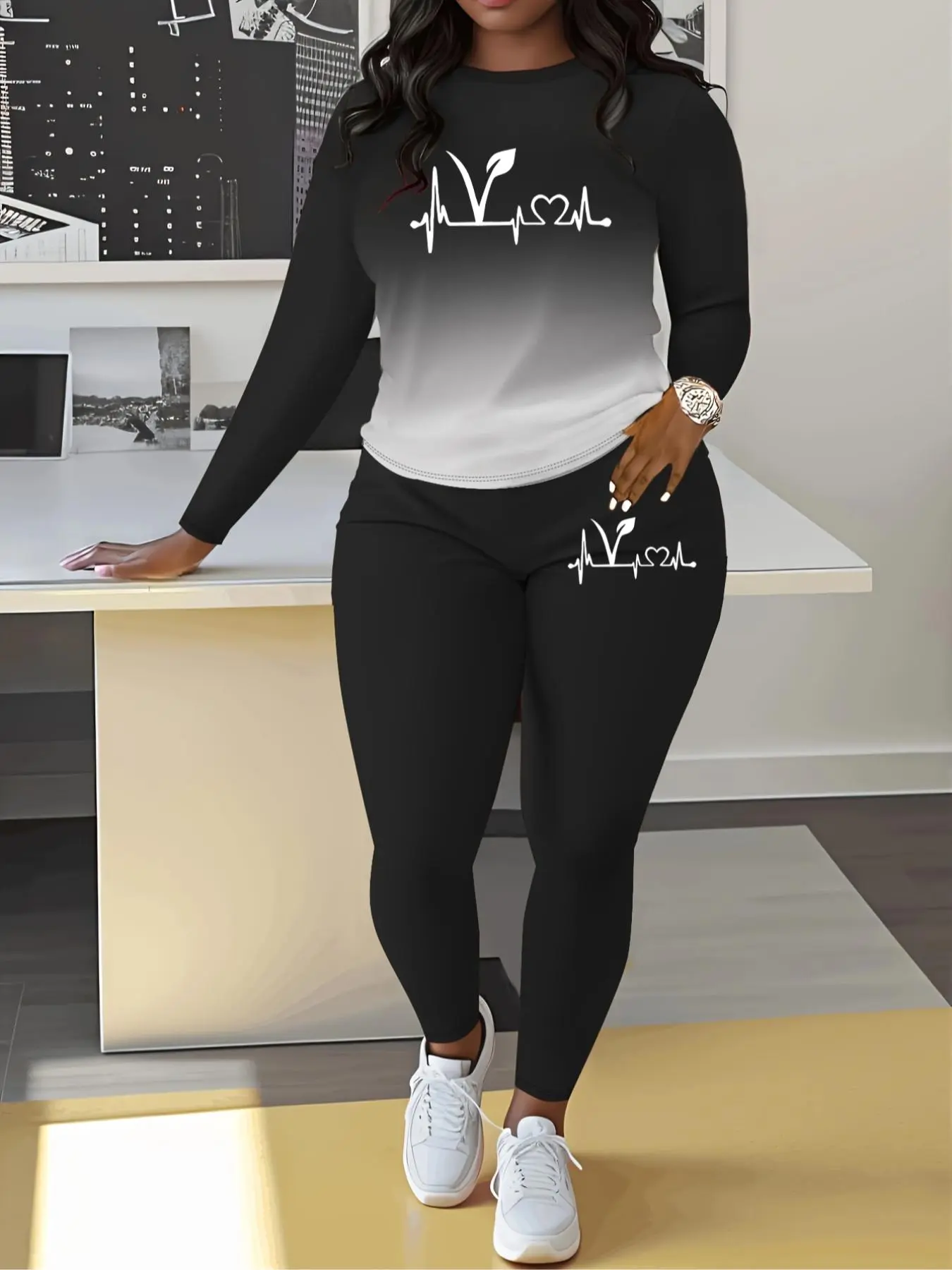 Women's Ombre Letter Print Sweatshirt & Skinny Pants Two-piece Set, Casual Fitted Round Neck Long Sleeve Pullover & Trousers for Spring & Fall, Women's Clothes for Daily Wear