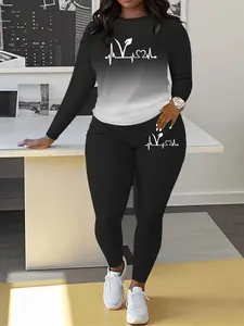 Women's Ombre Gradient Letter Print Sweatshirt & Skinny Pants Two-piece Set, Casual Fitted Round Neck Long Sleeve Pullover & Trousers for Spring & Fall, Women's Clothes for Daily Wear