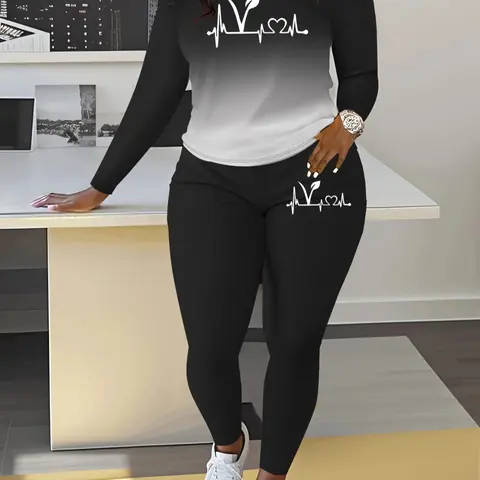 Women's Ombre Letter Print Sweatshirt & Skinny Pants Two-piece Set, Casual Fitted Round Neck Long Sleeve Pullover & Trousers for Spring & Fall, Women's Clothes for Daily Wear, Casual Loungewear Sets, Pants Top Set