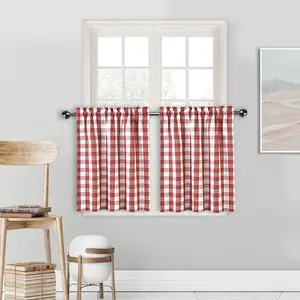 Check Tier Curtains For Kitchen  Thick Yarn Dyed Plaid Gingham Rod Pocket Cafe Bathroom Short Window Drapes 28" W X 24" L Burgundy Red/white Set Of 2