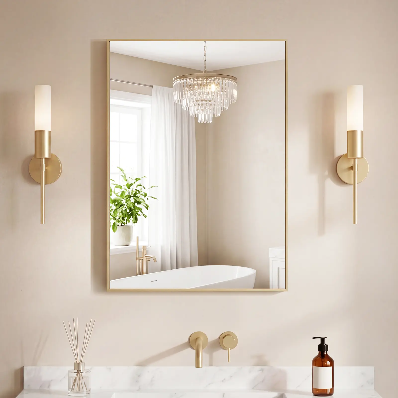 Waterproof Bathroom Mirror with PVC Explosion Proof Film, Rectangular Brushed Aluminum Frame Wall Mirror for Humid Bathroom