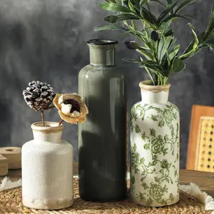 Vintage Vase Set of 3, Ceramic Vintage Flower Vases, Chinoiserie Decorative Home Decor Retro Floral Vase Rustic Farmhouse Decor for Table Bookshelf Mantel Kitchen Living Room Office - Green and Beige
