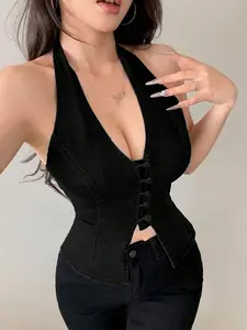 Women's Sexy Sleeveless Elastic Denim Halter Top Blue Corset Slim Fit Plain Button Front Summer Top for Night Out & Stage - Fabric
