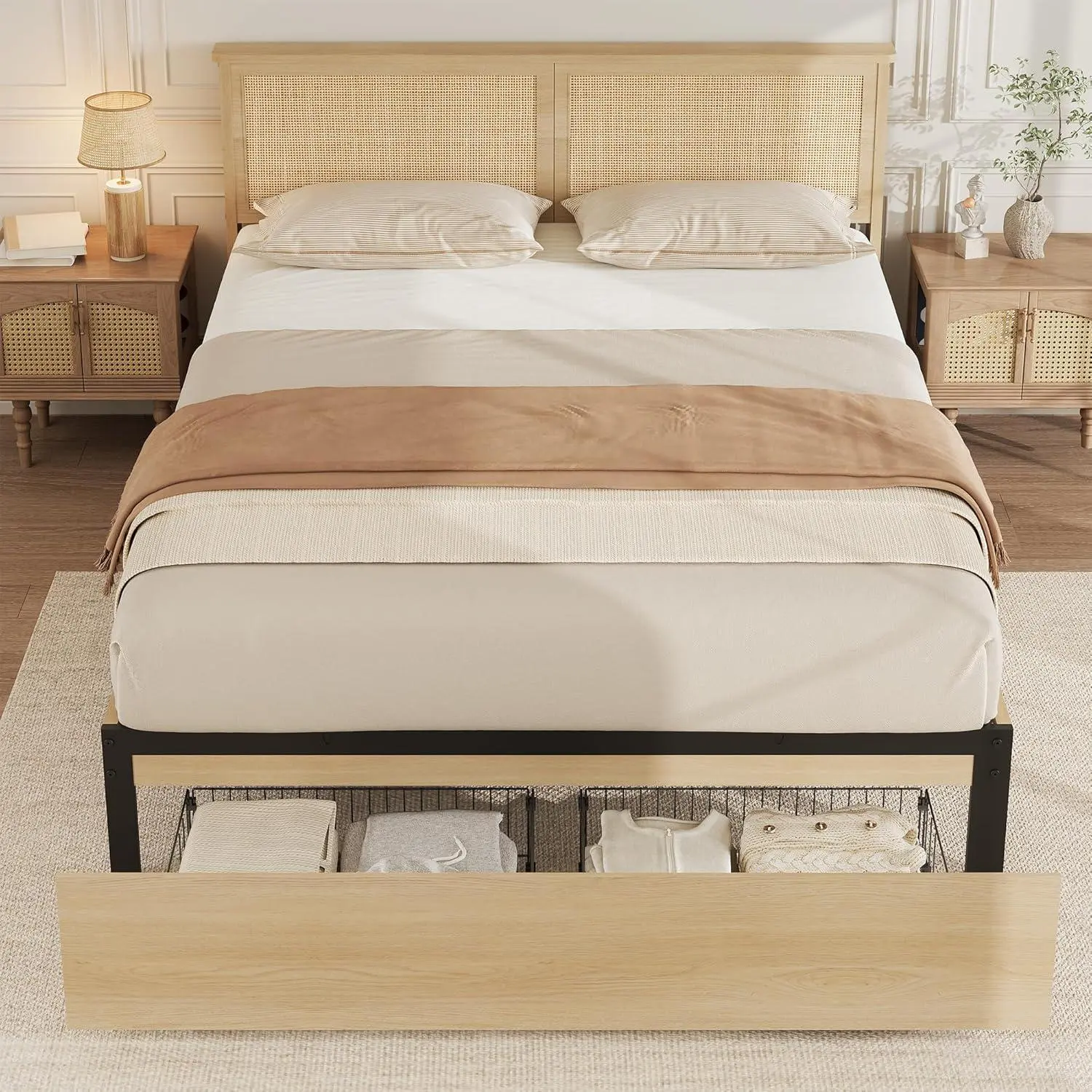 Gaomon Queen Size Boho Storage Bed - Durable Rattan Wood Headboard, Solid Slats, Built-in Drawers, RGB LED Lights, Metal Accents, Quiet Design, No Box Spring Needed, Oak Finish, Easy Setup, Boho Charm