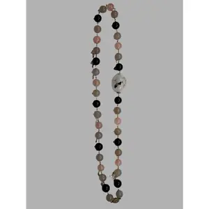 Handcrafted Stone Beaded Necklace with Silver Clasp Hand-Painted Floral Bead Chinese Artistry 18 Inches Length Black Rose Quartz Gray Beads