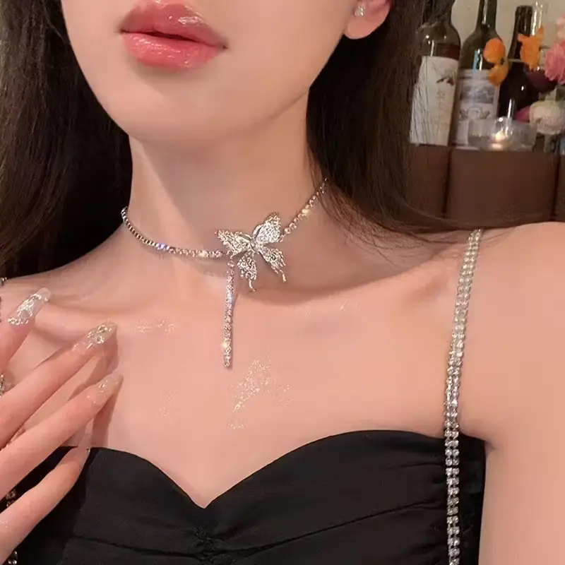 Y2K-Inspired Butterfly Tassel Choker Necklace White Golden-Plated Sparkling Jewelry Elegant Gift for Valentine's Day Anniversary Graduation Teacher's Day & Back-to-School Japanese Korean Style Collection Cute Aesthetic Accessory