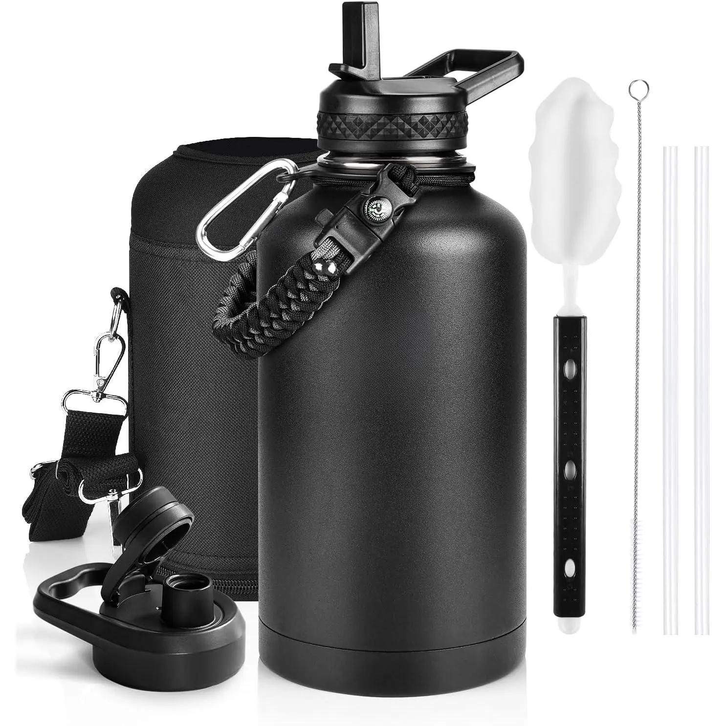 Insulated Water Bottle 64 oz, Triple Wall Vacuum Stainless Steel (Cold for 48 Hrs), Leak Proof & Non-BPA, Half Gallon Water Flask Jug with Paracord Handle & Straw Spout Lids, Magic Black