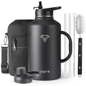 Half Gallon Water Bottle with Straw and Lid, 64 oz Insulated Stainless Steel Jug with Handle,Reusable Metal Travel Flask Mug Cup With Carry Pouch and Brush,Keep Cold & Hot,Black