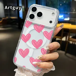 Pink Heart Love Pattern Magnetic Phone Case for iphone 17 Pro Max 16 Plus 15 14 13 12 11 Air XR E Anti-Yellowing Shockproof Lightweight Transparent Acrylic Large Hole Soft Cover Supports Wireless Charging
