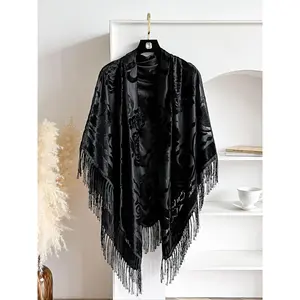 Women's Floral Print Fringe Trim Cape Shawl, Casual Elegant Open Front Shawl for Daily Wear, Fashion Accessories for Women & Girls, Clothes