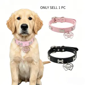 Hand-set Rhinestone Bone Heart Pendant PU Leather Pet Collar – Adjustable Light Luxury Cat Dog Necklace for Small Medium Puppy Kitten – Sparkling Crystal Hollow Charm with Soft Microfiber Leather & Anti-oxidation Alloy – Wedding Party Daily Photo Prop – P