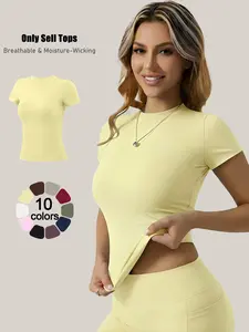 Women Sports Short Sleeve Solid Color Round Neck Comfortable T Shirt All Season High Stretch Slim Fit Yoga Tops Breathable Quick Dry Tees For Gym Running Training Daily Casual Versatile Pilates Short Sleeve Stretch Athletic Tee Workout Sportswear