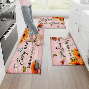 1/2/3PCS Pink Kitchen Rug ,Non Slip Washable Mats,Durable Easy Clean Floor Mat Set, Sunflower Smile Inspirational Farmhouse Kitchen Runner Rugs 16"x24"+20"×32"+20"×47"