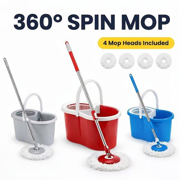 Spin Mop and Bucket with Wringer 360 Degree Spinning System 2 Microfiber Replacement Heads 61 Inch Adjustable Handle Soap Dispenser 20 Qt for Floor Cleaning