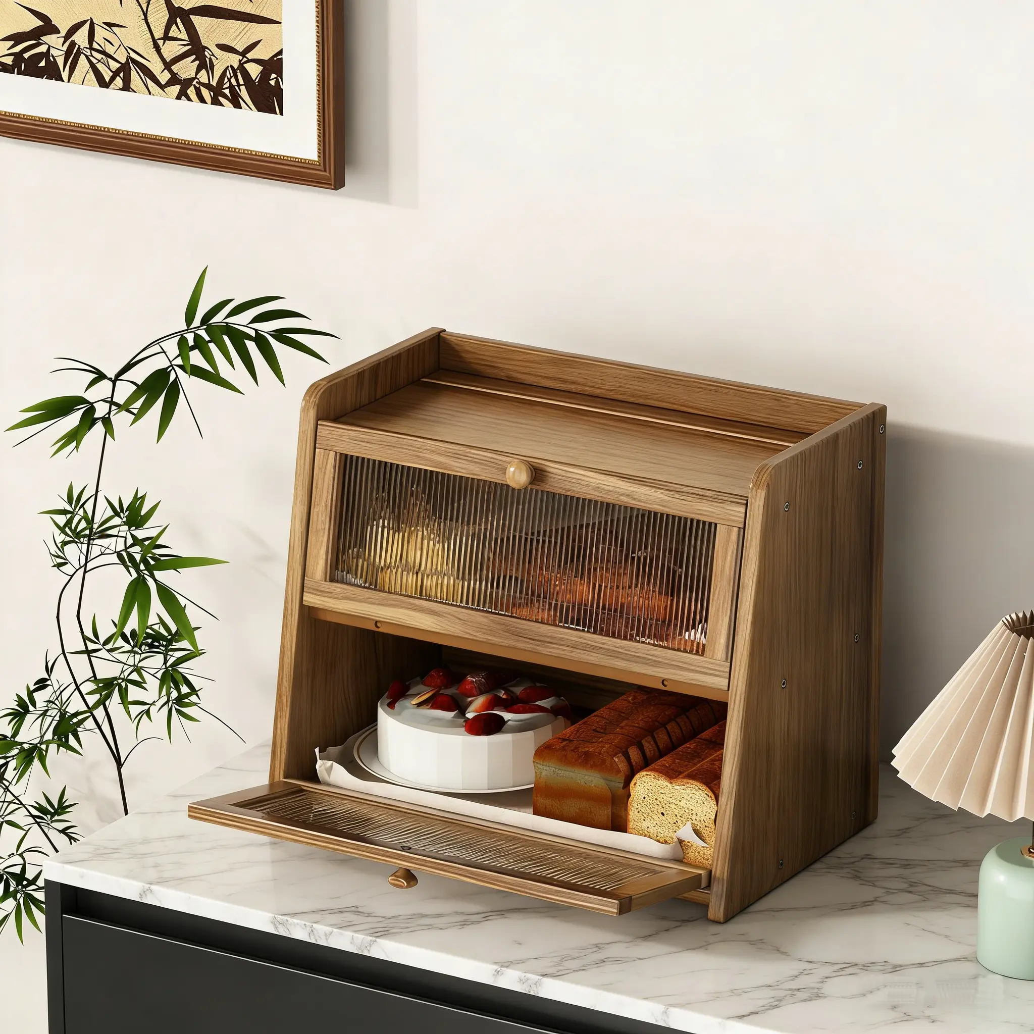 K KELBEL Solid Wood Bread Box for Kitchen Countertops Single/Double-Layer available Large-Capacity Acacia Wood Food Storage Container Dust-proof Trapezoidal Design Acrylic Corrugated Door Panel Easy Installation meal prep containers Preserving Box