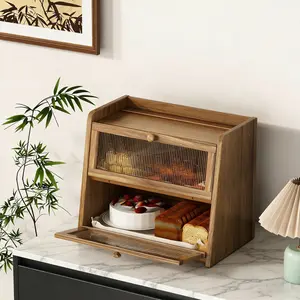 K KELBEL Solid Wood Bread Box for Kitchen Countertops Single/Double-Layer available Large-Capacity Acacia Wood Food Storage Container Dust-proof Trapezoidal Design Acrylic Corrugated Door Panel Easy Installation meal prep containers Preserving Box