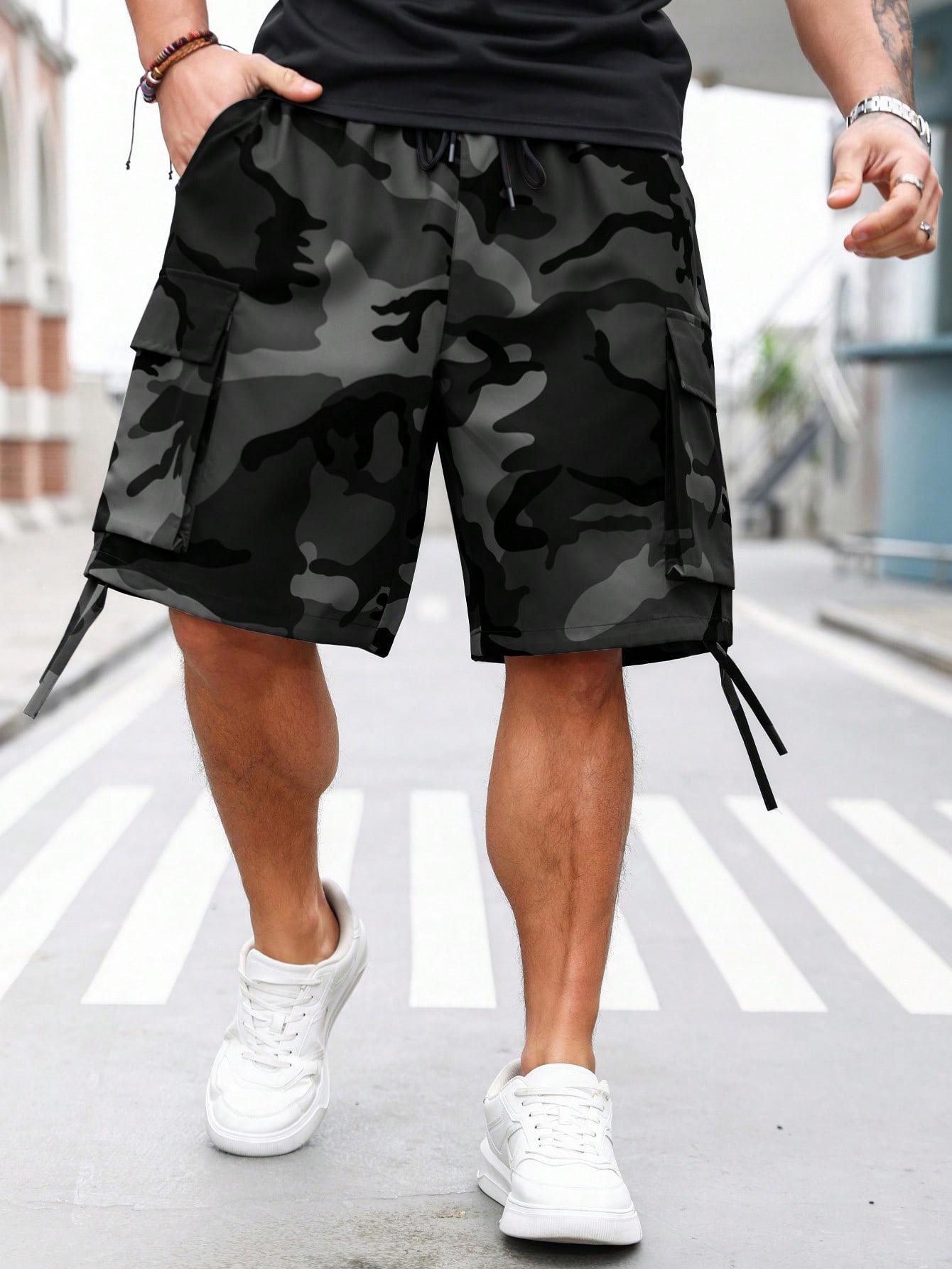 Men’s camouflage cargo shorts — quick-drying, lightweight ice silk casual shorts with an elastic waistband, drawstring, and multiple pockets; suitable for fitness, running, hiking, and everyday wear.