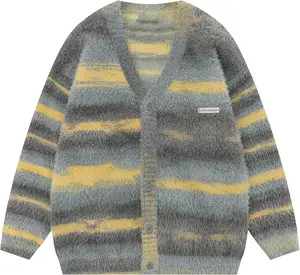 BAKYARDER Unisex Y2K Mohair Cardigan Color-Block Striped V Neck Button Down Open Front  Sweater Knitwear