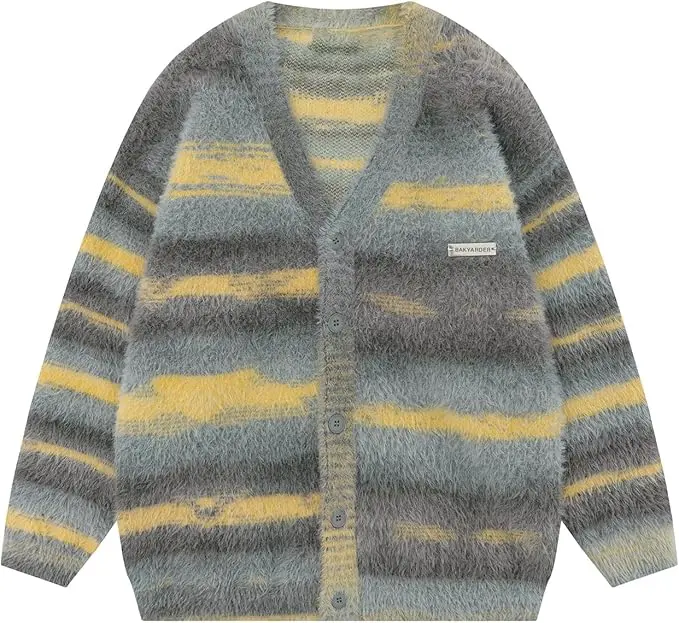 BAKYARDER Unisex Y2K Mohair Cardigan Color-Block Striped V Neck Button Down Open Front  Sweater Knitwear