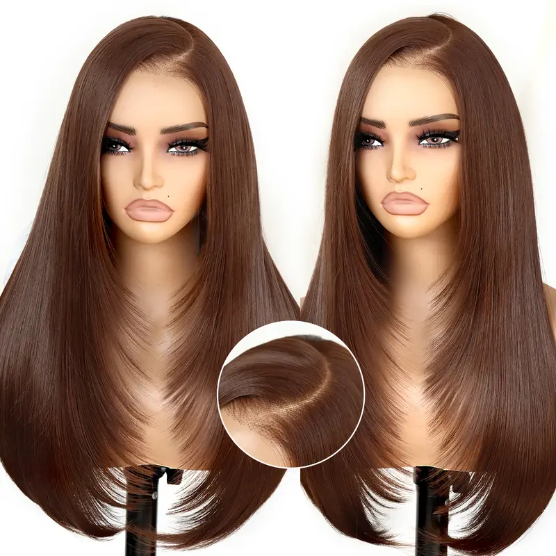 Synthetic 9x7 Glueless C-Part Layered Wig Wear and Go Lace Front Straight Wig Pre Plucked Pre Cut Vivid Self Growing Clean Hairline with Tiny Knots