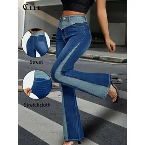 Fashionable Patchwork Contrasting Denim Bell Bottoms for Women, High Waisted And, Slim Fit And Micro Flared Jeans