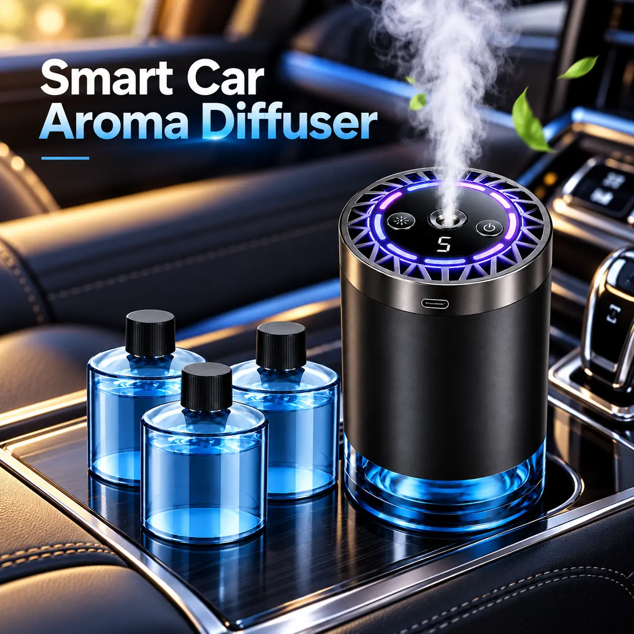 Car Aroma Diffuser Set with 1 Or 3 Bottles of Refill Essential Oil, Portable Car Essential Oil Air Freshener, Rechargeable Car Aroma Diffuser, USB Charging Car Scent Diffuser for Car Decoration, Great for Daily Driving And Travel Use