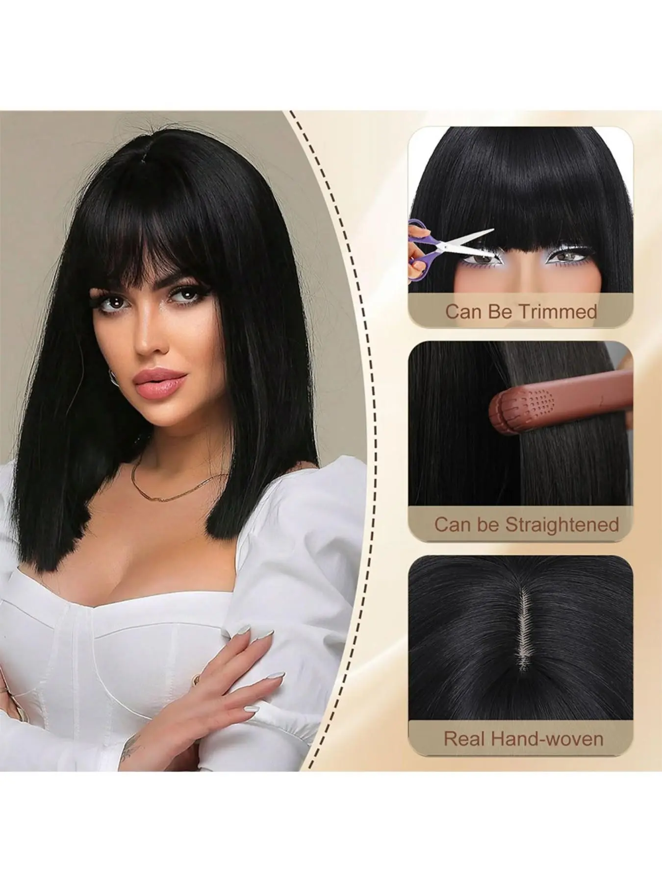 Black Bob Wigs with Bangs Shoulder Length Straight Natural 