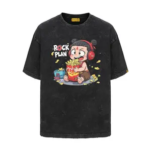 Rockplan pure cotton Nezha eating snacks pattern print short-sleeved high street heavyweight unisex summer American T-shirt  T-shirt of the same style as the movie "Ne Zha Conquers the Sea"