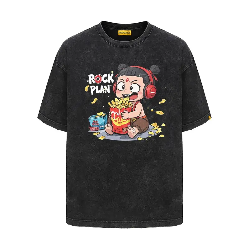 Rockplan pure cotton Nezha eating snacks pattern print short-sleeved high street heavyweight unisex summer American T-shirt  T-shirt of the same style as the movie "Ne Zha Conquers the Sea"