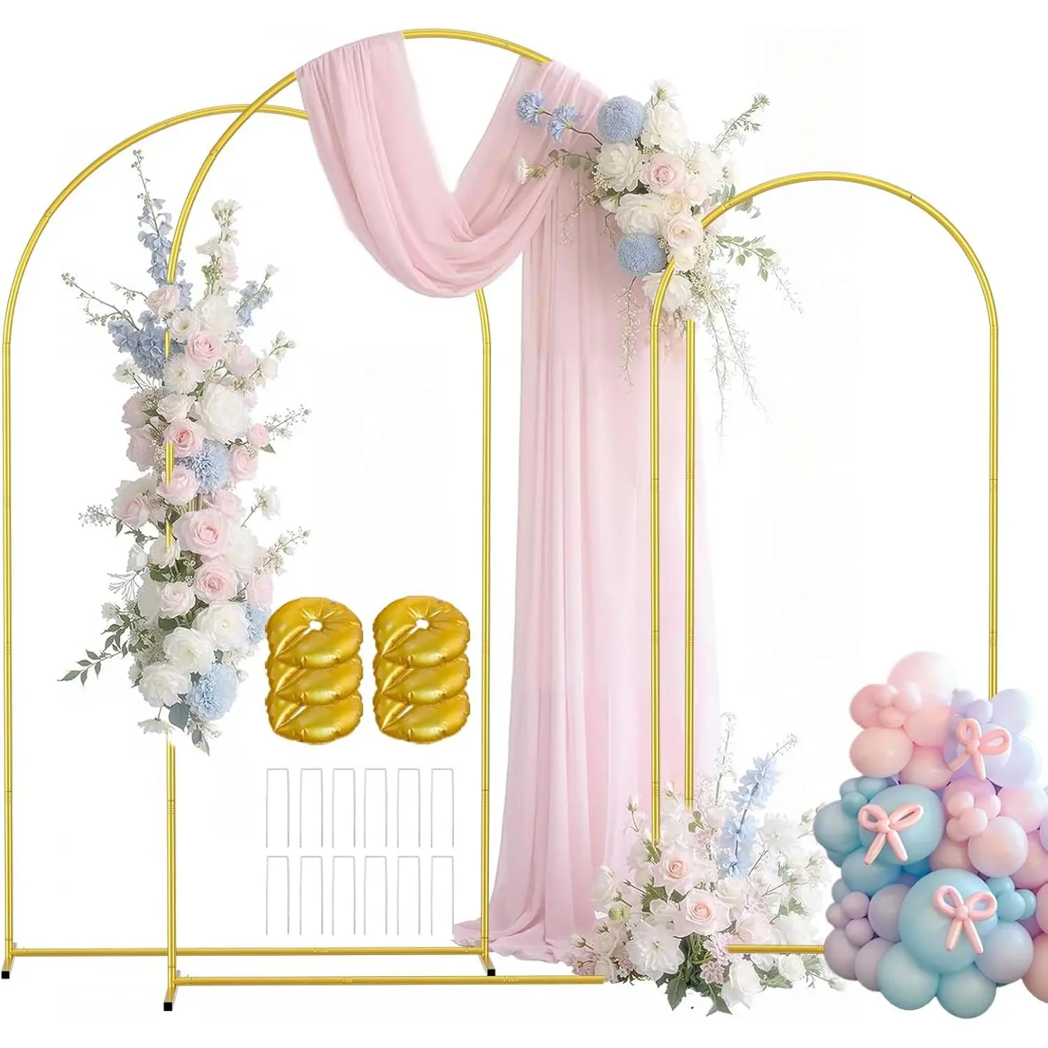 Metal Arch Backdrop Stand Set of 3 (7.2FT/6.6FT/6Ft) Wedding Arch Frame with 12 Ground Nails/6 Water Bags, Arched Backdrop Stand for Wedding Birthday Party  Shower Graduation Festival Decor