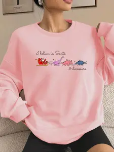 Women's Cartoon Dinosaur Print Crew Neck Sweatshirt, Casual Long Sleeve Pullover for Fall & Winter, Women's Clothes for Daily Wear