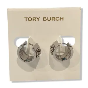 Pre-Owned Tory Burch Women's Britten Huggie Small & Wide Hoop with Double T Logo (Silver - 022) - B0B1LHDC5L