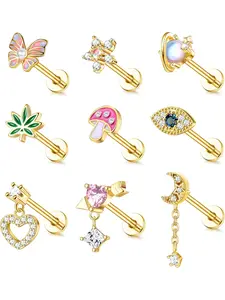 9 Pcs Gold Tragus Cartilage Helix Conch Piercing Jewelry 16G Surgical Stainless Steel Cartilage Tragus Earrings for Women Cartilage Labret Jewelry Helix Tragus Piercing Cute Flower Butterfly Ear Piercing Stud Swirly Conch Jewelry