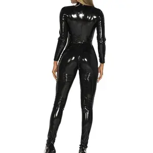 Sexy Tight-Fitting Mirror PVC Jumpsuit PU Patent Leather Zipper Pants Shiny Leather Outfit