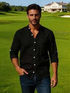 Mens Casual Linen Shirts Button Down Long Sleeve Breathable Shirt Solid Color Banded Collar Summer Beach Tops with Pocket