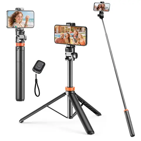 360° Rotatable Selfie Stick Tripod-Monopod, 61in Adjustable Telescoping Aluminium Compact Nylon 6/6, Wireless Bluetooth Remote with Camera Mount for Mobile Cellphone Filming, Live Streaming