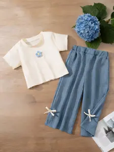 Girls' Summer New 3D Flower Two-Piece Set, Texture Short Sleeve with Blue Wide Leg Pants, Sweet Style for Ages 3-8