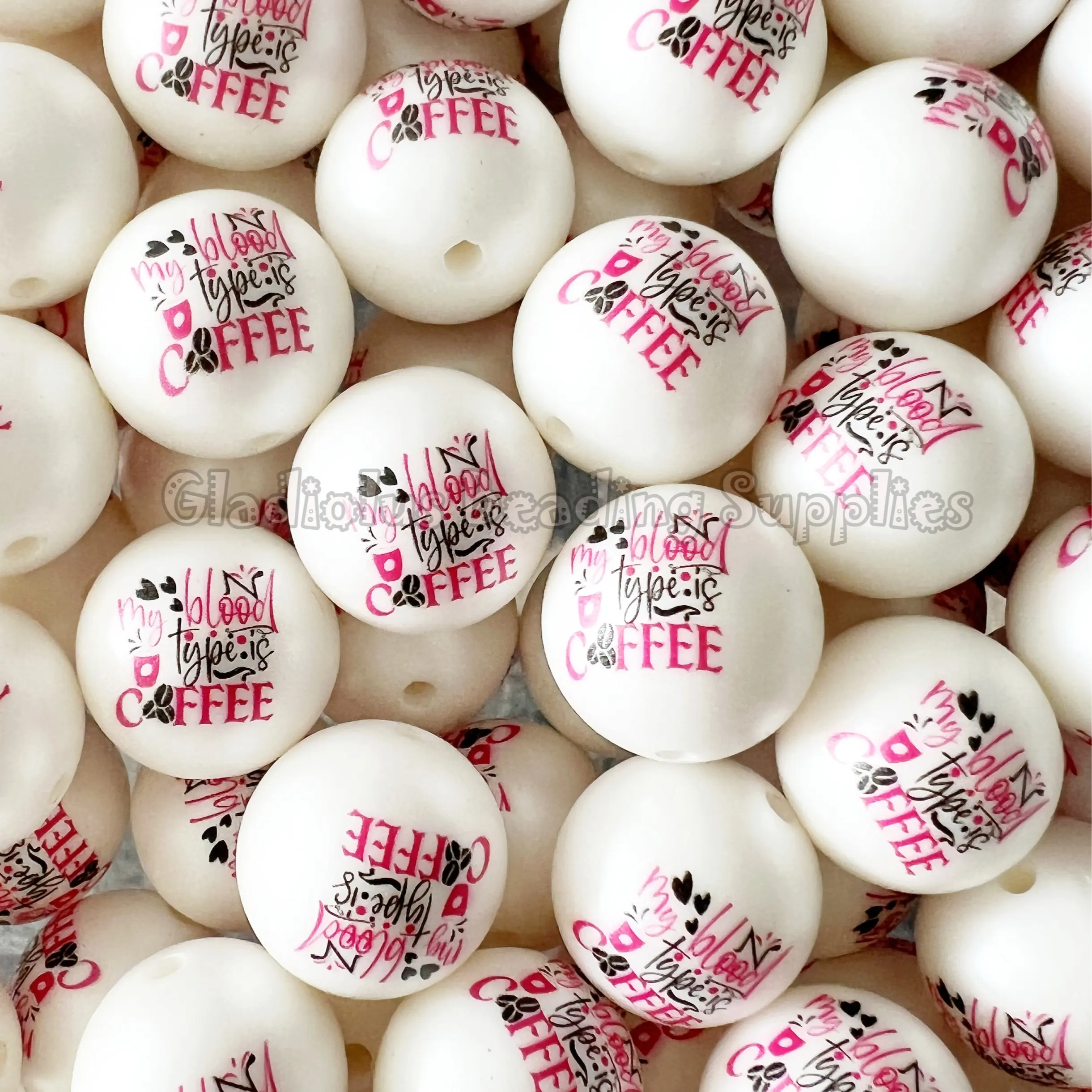 20mm My Blood type is Coffee Print Acrylic Bead, Nursing Beads, Bubblegum, Chunky Round, Gumball, Beading Supplies