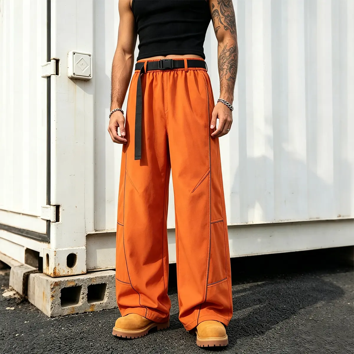 Men’s Orange Cargo Pants, Loose Fit Wide-Leg Utility Pants, Streetwear Y2K Work Pants, Casual Baggy Trousers with Belt
