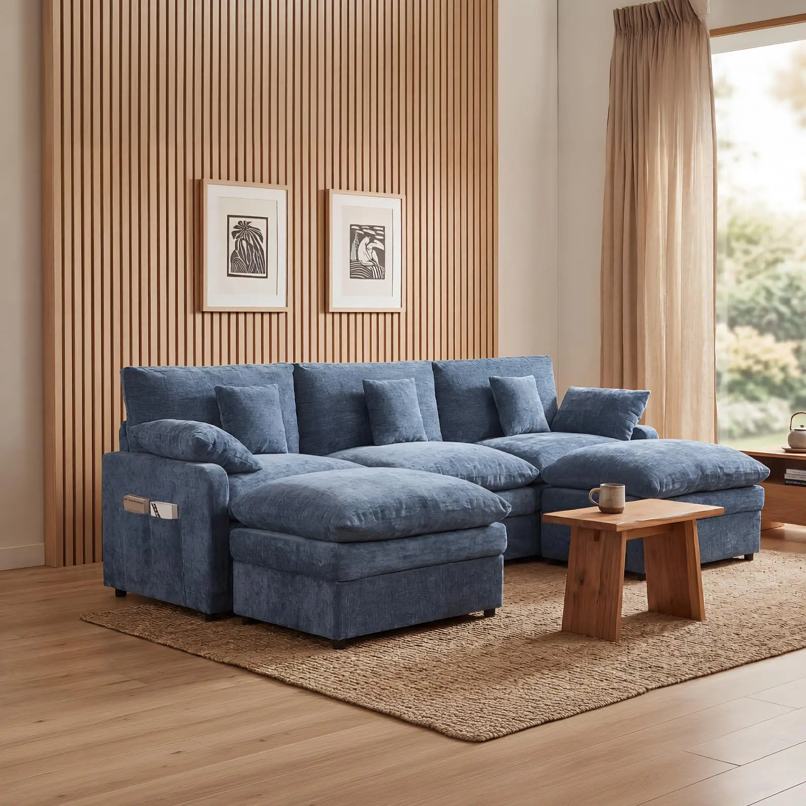 107.8" U-Shaped Modular Sectional Cloud Couch, Chenille Sofa with Movable Ottoman & Throw Pillows for Living Room, Bedroom, Apartment