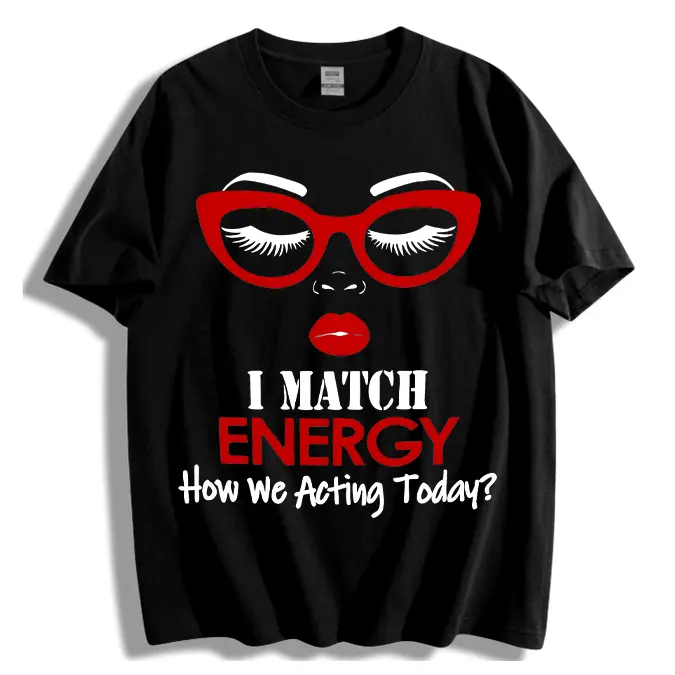 Men's Plus Size 'I Match Energy' Print T-Shirt - 100% Cotton Round Neck Short Sleeve Cute Elegant Classic Streetwear Top, Size Up for Loose Fit, Athletic