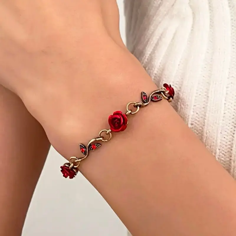 Luxurious Vintage Elegant Red Rose Flower Bracelet Women's Party Jewelry Accessories Valentine's Day Gift