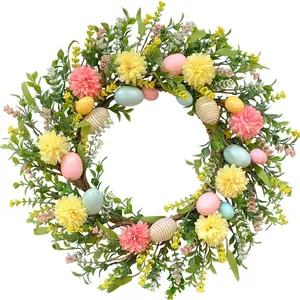 22 Inch Easter Egg Wreath for Front Door, Spring Egg Wreath with Dahlia Flowers for Indoor Outdoor, Easter Floral Eggs Wreath for Home Decor
