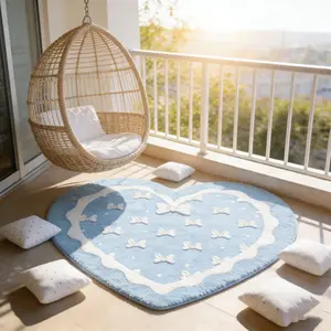 Modern Creative Blue Heart Bow Print Carpet, Foldable Easy Care Plush Rug, Living Room Bedroom Decor, French Romantic Style, Decorative Area Rug