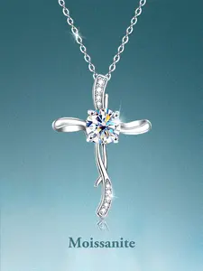Elegant Women's Moissanite Cross Pendant Jewelry Necklace S925 Silver Color Chain, Ideal Gift for Birthdays Weddings Anniversaries Christmas