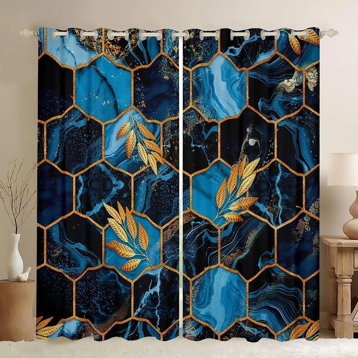 Blue Marble Velvet 2-Panel Honeycomb Grommet Curtains - 30%-50% Blackout Drapes, Multi-Size Modern Geometrical Home Textile, Fresh Colors Velvet Fabric Interior Decoration Accessories