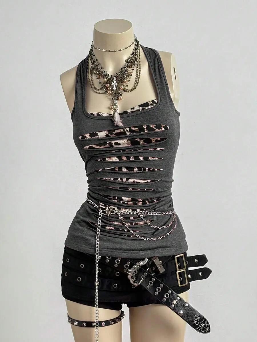SHANIAH Y2K Grunge Punk Hollow-Out Metal Chain Vest For Women Night Out Grey Leopard Print Summer/Autumn