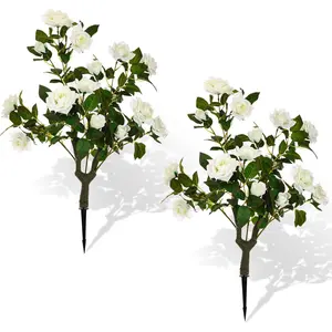 2 Pcs 32'' Artificial Rose Flower Tree Faux Rose Bush Plants, Realistic UV Resistance Fake Floral Blooming Tree with Spike Greenery for Indoor Front Porch(White)
