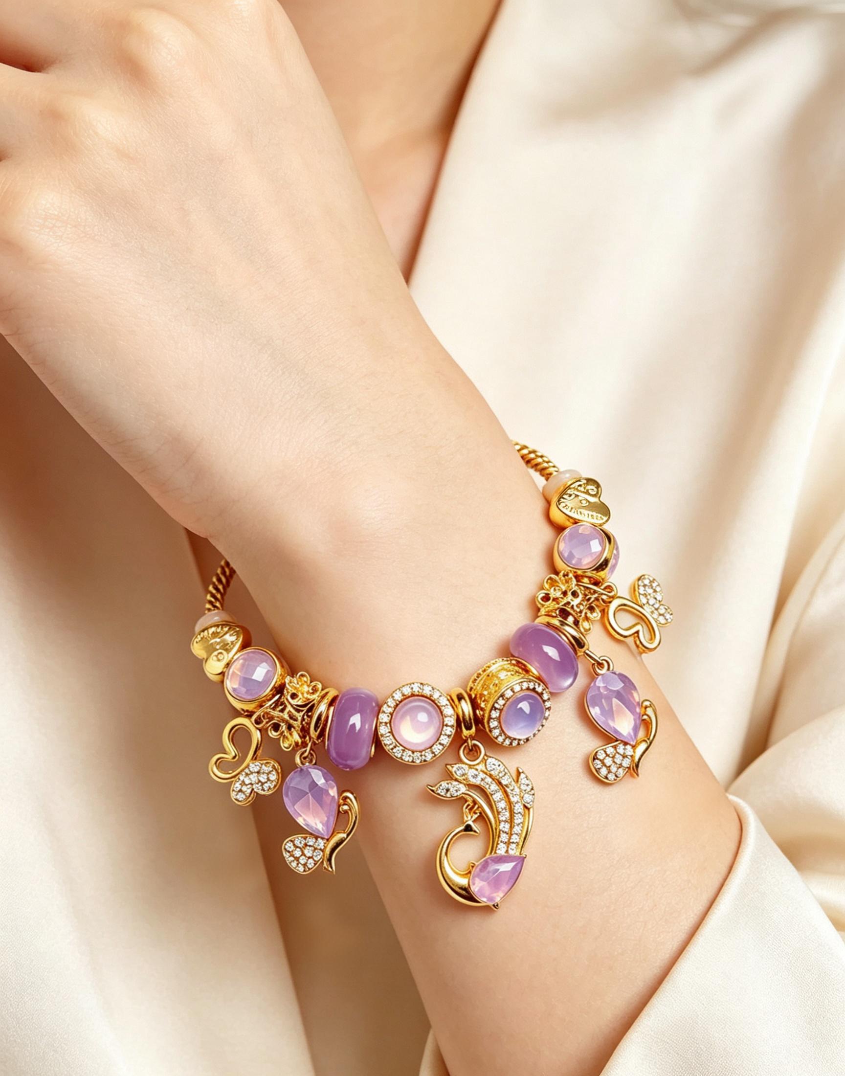 Purple Phoenix Charm Bead Bracelet, Gold Plated Adjustable Chain Bracelet with Teardrop Crystal Charms, Elegant Dainty Jewelry Gift for Women