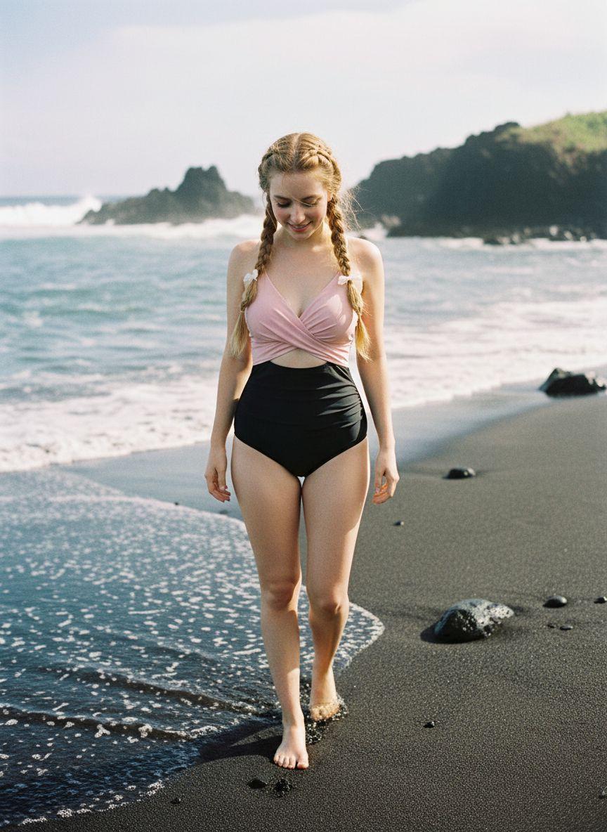 PINK & BLACK 1940S HOLLOW WAIST PATCHWORK SWIMSUIT Women's Swimoutfit 82% Polyester 18% Elastane Medium Stretch Wireless Bra Non-removable Pads